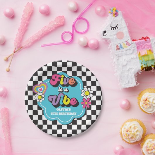 Neon 90s Retro Five viert vijfde verjaardag Papieren Bordje (Feest)