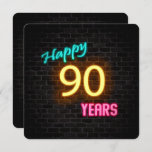 Neon 90th Birthday Sign glanzend op baksteen Kaart<br><div class="desc">Het gloeiende neonteken op donkere bakstenen achtergrond voor 90e verjaardag</div>