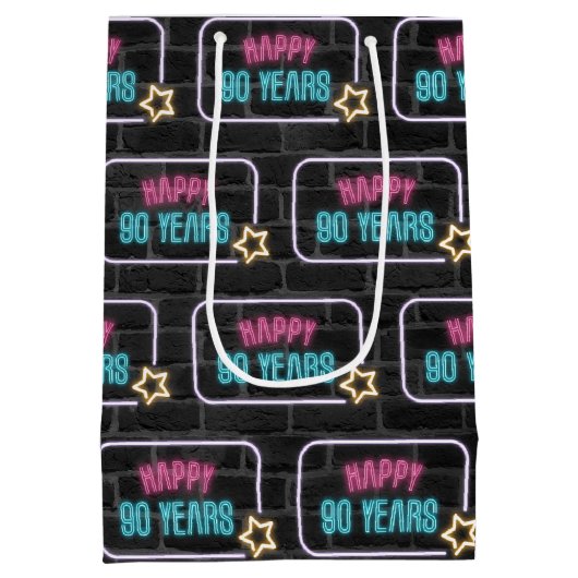 Neon 90th Birthday Sign On Brick Medium Gift Bag Cadeauzakje (Achterkant)