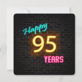 Neon 95th Birthday Sign glanzend op baksteen Kaart (Voorkant)