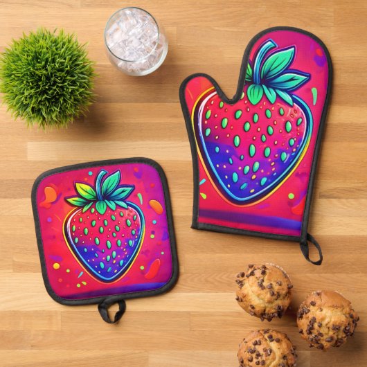 Neon Aardbei Pop Ovenwant & Pannenlap Set (Top down)