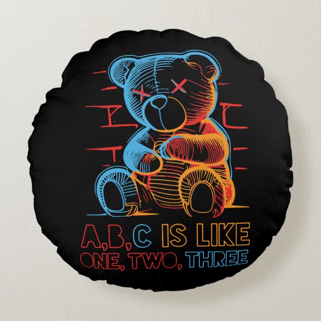Neon ABC Teddibeer Rond Kussen (Voorkant)