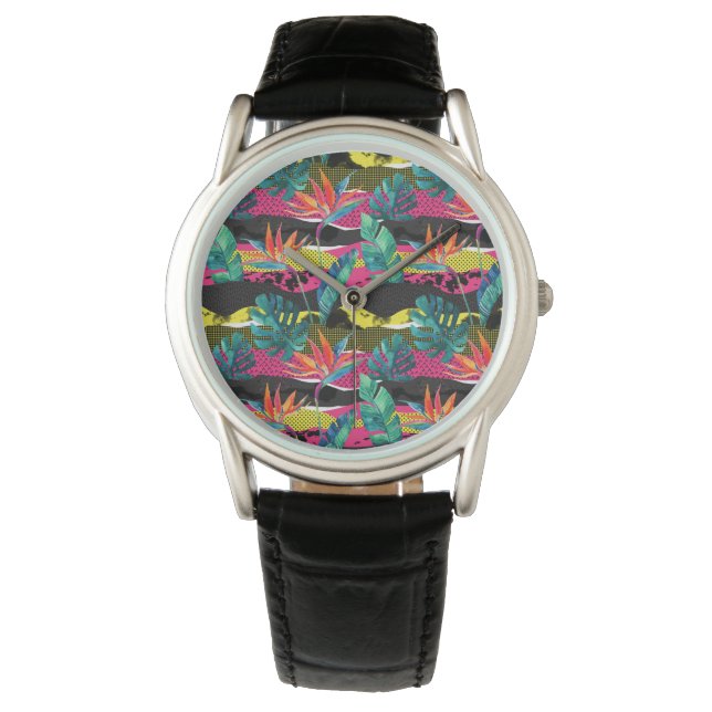 Neon Abstract tropisch textuur patroon Horloge (Voorkant)