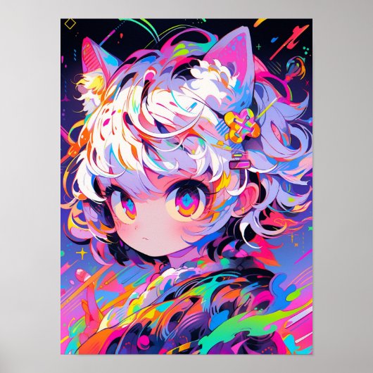 Neon Abstracte Kat Meisje Pop Art Poster (Voorkant)