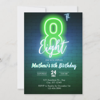 Neon achtste verjaardagsuitnodiging kaart