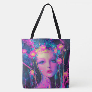 Neon Alien Goddess Tote Bag