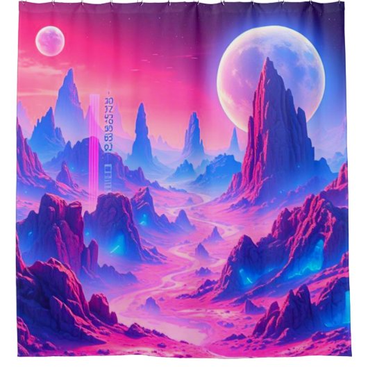 Neon Alien Planet Shower Curtain | Sci-Fi Cosmic B Douchegordijn (Voorkant)
