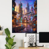 Neon Alien Stad Zonsondergang Plein Poster (Thuiskantoor)