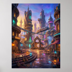 Neon Alien Stad Zonsondergang Plein Poster