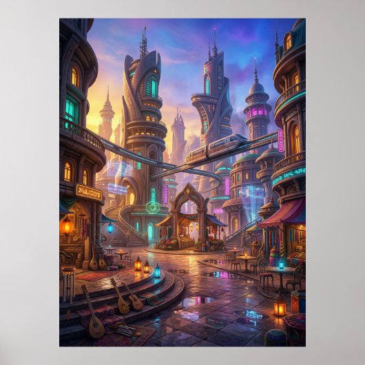 Neon Alien Stad Zonsondergang Plein Poster (Voorkant)