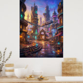 Neon Alien Stad Zonsondergang Plein Poster (Keuken)