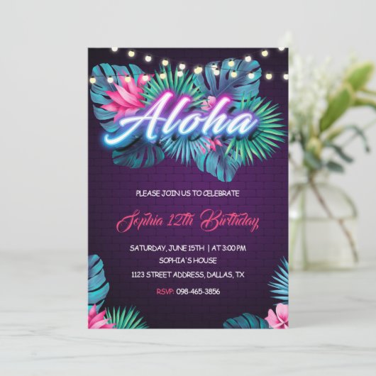 Neon Aloha Birthday Uitnodiging (Staand voorkant)