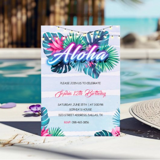 Neon Aloha Tropical Birthday Invitation Kaart