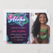 Neon Aloha Tropical Birthday met foto-uitnodiging Kaart (Voorkant)