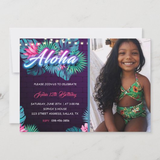 Neon Aloha Tropical Birthday met foto-uitnodiging Kaart (Voorkant)