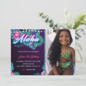 Neon Aloha Tropical Birthday met foto-uitnodiging Kaart (Staand voorkant)