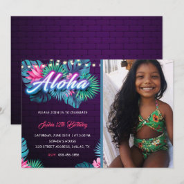 Neon Aloha Tropical Birthday met foto-uitnodiging Kaart