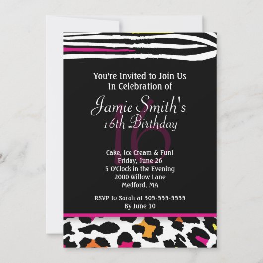 Neon Animal Print Sweet 16 Uitnodiging 2 (Achterkant)