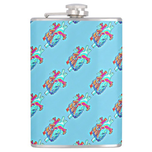 Neon Aqua Anatomical Heart Patterned Vinyl Flask Heupfles (Voorkant)
