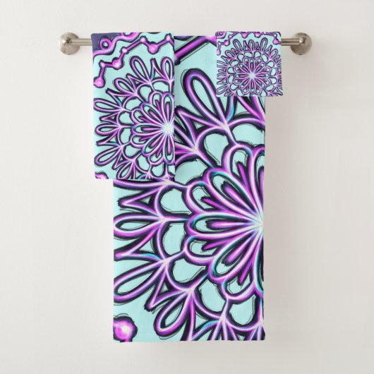 Neon Aqua Blauwgroen Paars Artsy Henna Boho Mandal Bad Handdoek (Insitu)