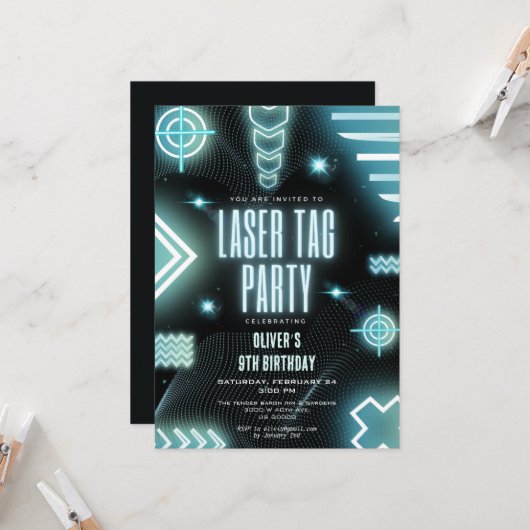 Neon arcade gamer, laser label verjaardag kaart (Voorkant / Achterkant in situ)