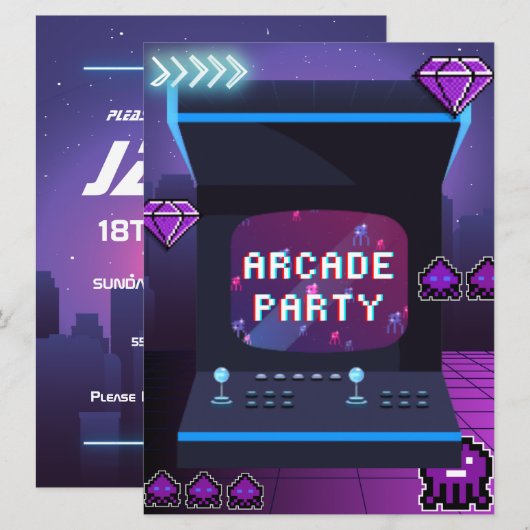 Neon Arcade Party Verjaardag Kaart (Voorkant / Achterkant)