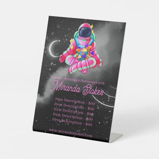 Neon Astronaut Outer Space Roze Tarot prijslijst Reclamebord Met Voetstuk (Voorkant)