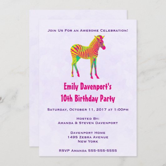 Neon Baby Zebra Psychedelic Funky Birthday Invite Kaart (Voorkant / Achterkant)