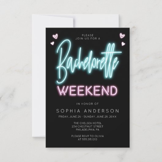 Neon Bachelorette Weekend Invitation Itinerary Kaart (Voorkant)