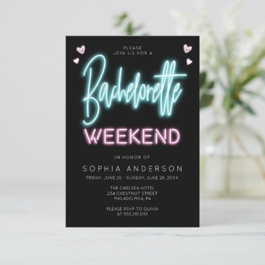 Neon Bachelorette Weekend Invitation Itinerary Kaart (Staand voorkant)