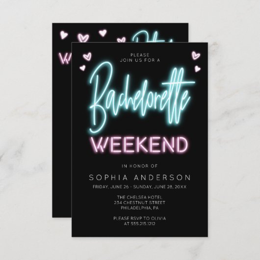 Neon Bachelorette Weekend Invitation Itinerary Kaart (Voorkant / Achterkant)