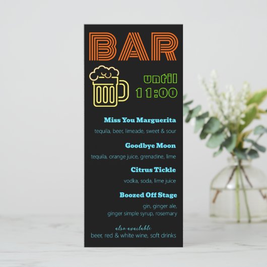 Neon Bar Teken Drinken Menu (Staand voorkant)