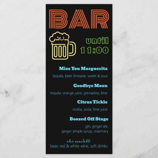 Neon Bar Uithangbord Dranken Menu (Voorkant)