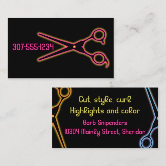 Neon barber scissors haar stylist schoonheidssalon visitekaartje (Voorkant / Achterkant)