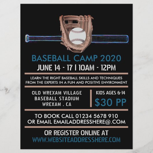 Neon Baseball Bat & Gear Baseball Camp Advert Flyer (Voorkant)