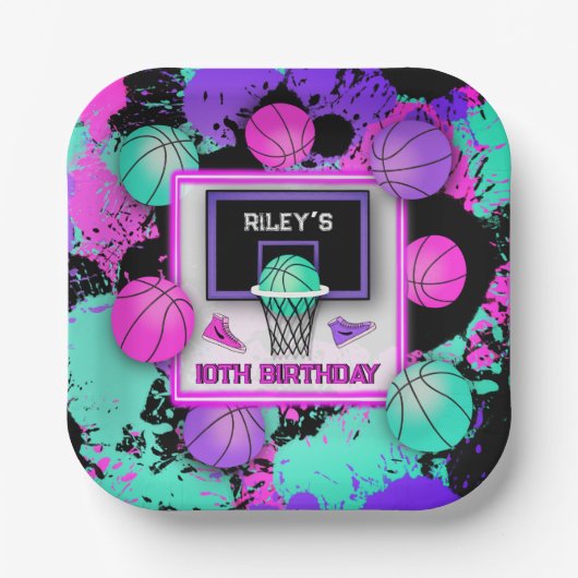 Neon Basketbal Sneakers & Paint Splatter Verjaarda Papieren Bordje (Voorkant)