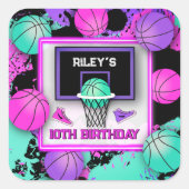 Neon Basketbal Sneakers & Paint Splatter Verjaarda Vierkante Sticker (Voorkant)