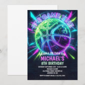 Neon Basketbal Verjaardagsuitnodiging Kaart (Voorkant / Achterkant)