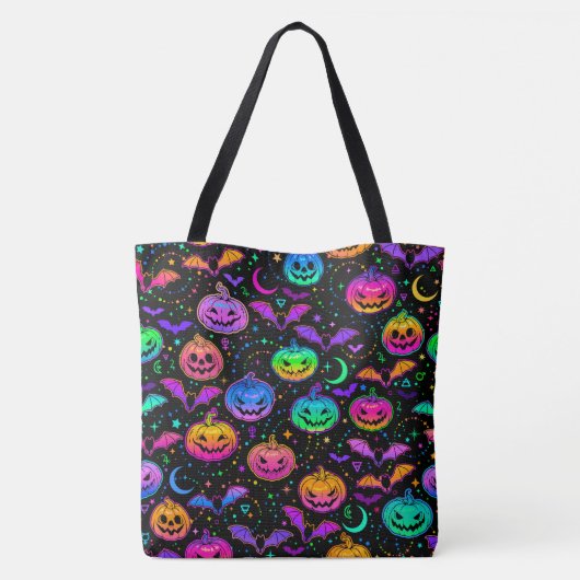 Neon Bats Pumpkins en Jack-o-Lantern Tote Bag (Achterkant)