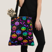 Neon Bats Pumpkins en Jack-o-Lantern Tote Bag (Dichtbij)