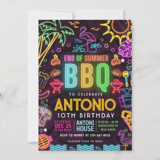 Neon BBQ Pool Party Verjaardag - Einde van de zome Kaart (Voorkant)
