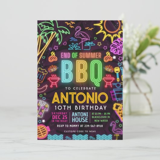Neon BBQ Pool Party Verjaardag - Einde van de zome Kaart (Staand voorkant)