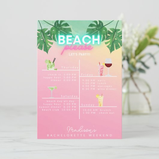 Neon Beach b. Bachelorette Weekend Itinerary Kaart (Staand voorkant)