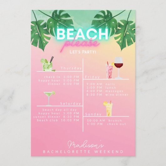 Neon Beach b. Bachelorette Weekend Itinerary Kaart (Voorkant)
