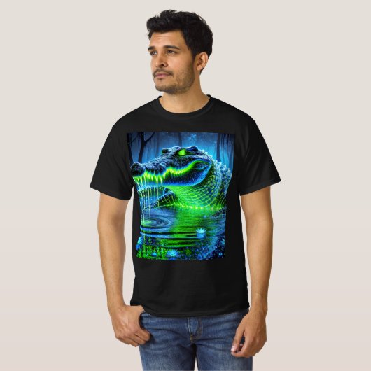 Neon Bioluminescent Crocodile T-Shirt Design. (Voorkant volledig)
