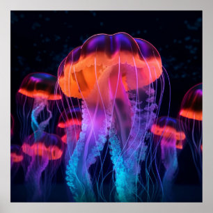 Neon Bioluminescente Glow Jellyfish Poster