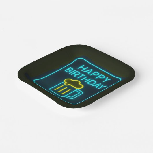 Neon Birthday Beer Mok op zwart Papieren Bordje (Gebogen)