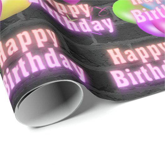 Neon Birthday en ballonnen op baksteenpapier Cadeaupapier (Rol Hoek)