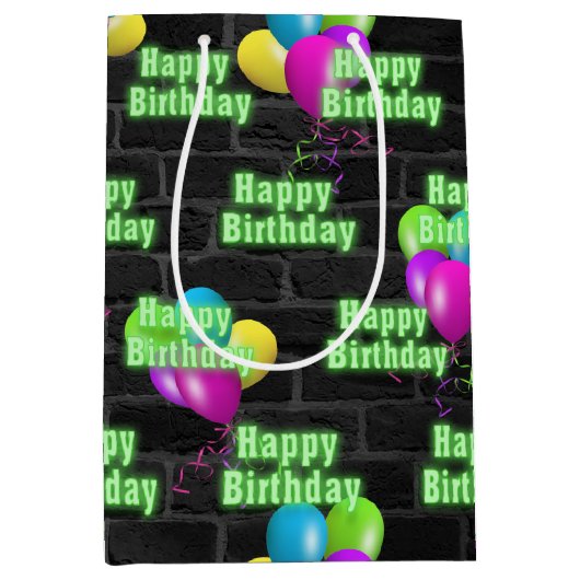 Neon Birthday en Balloons op Brick Medium Cadeauzakje (Voorkant)