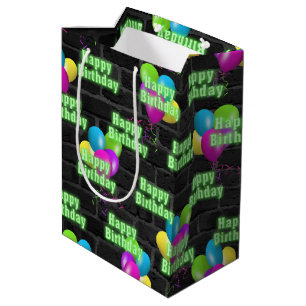 Neon Birthday en Balloons op Brick Medium Cadeauzakje